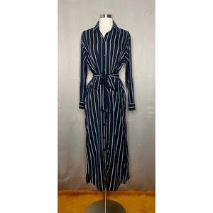 Women Black Striped Slit Sides Maxi Dress Small to Large Collared Long Sleeves